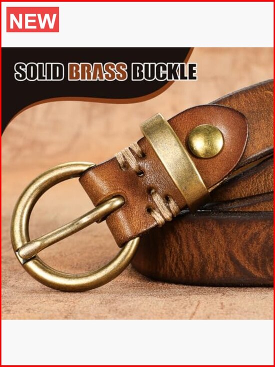 Genuine Leather Belt Vintage Gold Buckle Skinny Waist Belt for Jeans